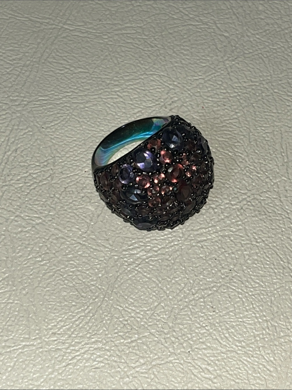 Black Dome Steel Ring with Purple and Pink Crystals